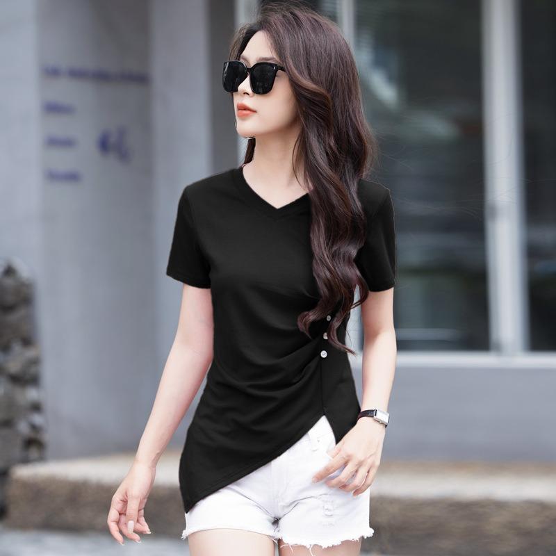 Women's Summer V-neck Fashion Short-sleeved Split T-shirt Irregular Temperament Thin Pleated Blouse Tops