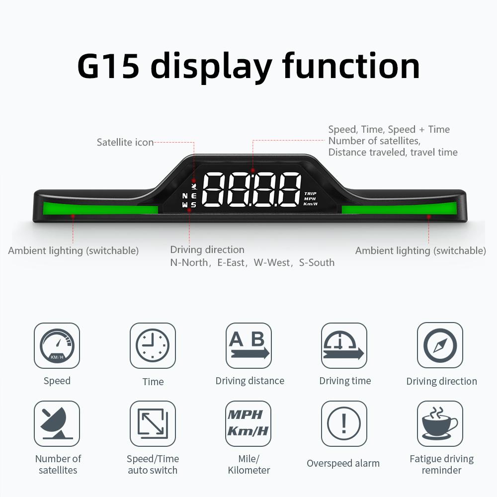 

G15 GPS HUD Автоматический спидометр Цифровой измеритель скорости км/ч Автомобильный проекционный дисплей Сигнализация Напоминание Электроника Аксессуары Часы Одометр