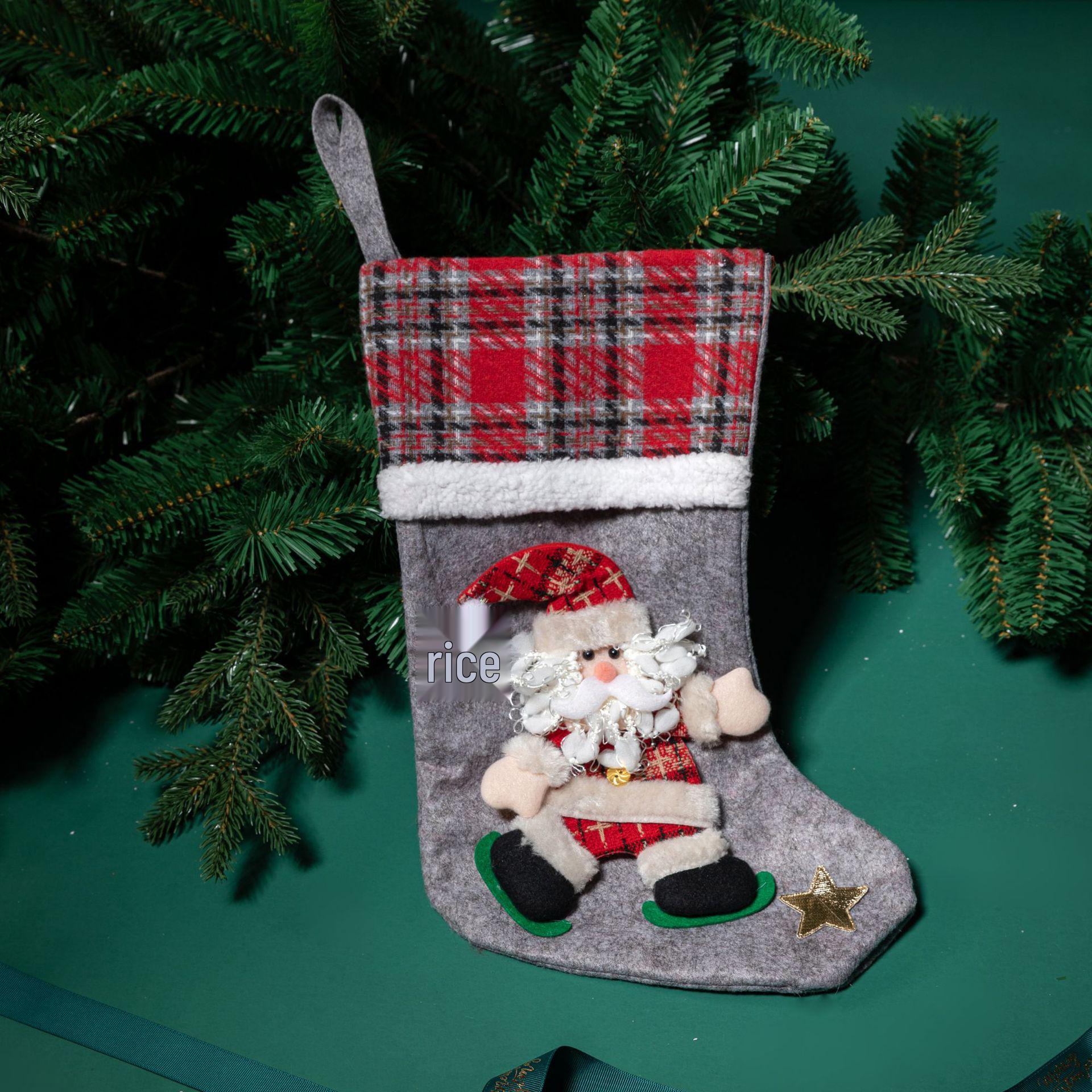 Xint An Plaid Christmas Stocking: Santa, Snowman, Bear & Snowflake Ornaments - Three Styles