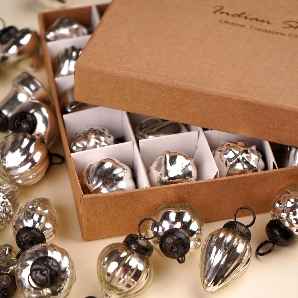 25 Pieces Silver Glass Vintage Christmas Ornaments Mini Bulk Mercury Decorative Ornaments X Mas Balls for Halloween, Christmas Tree