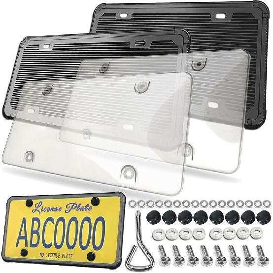 2 Pack License Plate Covers- Clear Flat License Plate Cover, Novelty Unbreakable Car Tag Frame Protector For Vehicles/Trucks, With Screws, Black