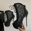 Fashion Liyke Spring Autumn Peep Toe Lace Up Platform Pumps Women Ankle Boots Fashion Sequined Mesh Super High Heels Shoes Zapatos Mujer