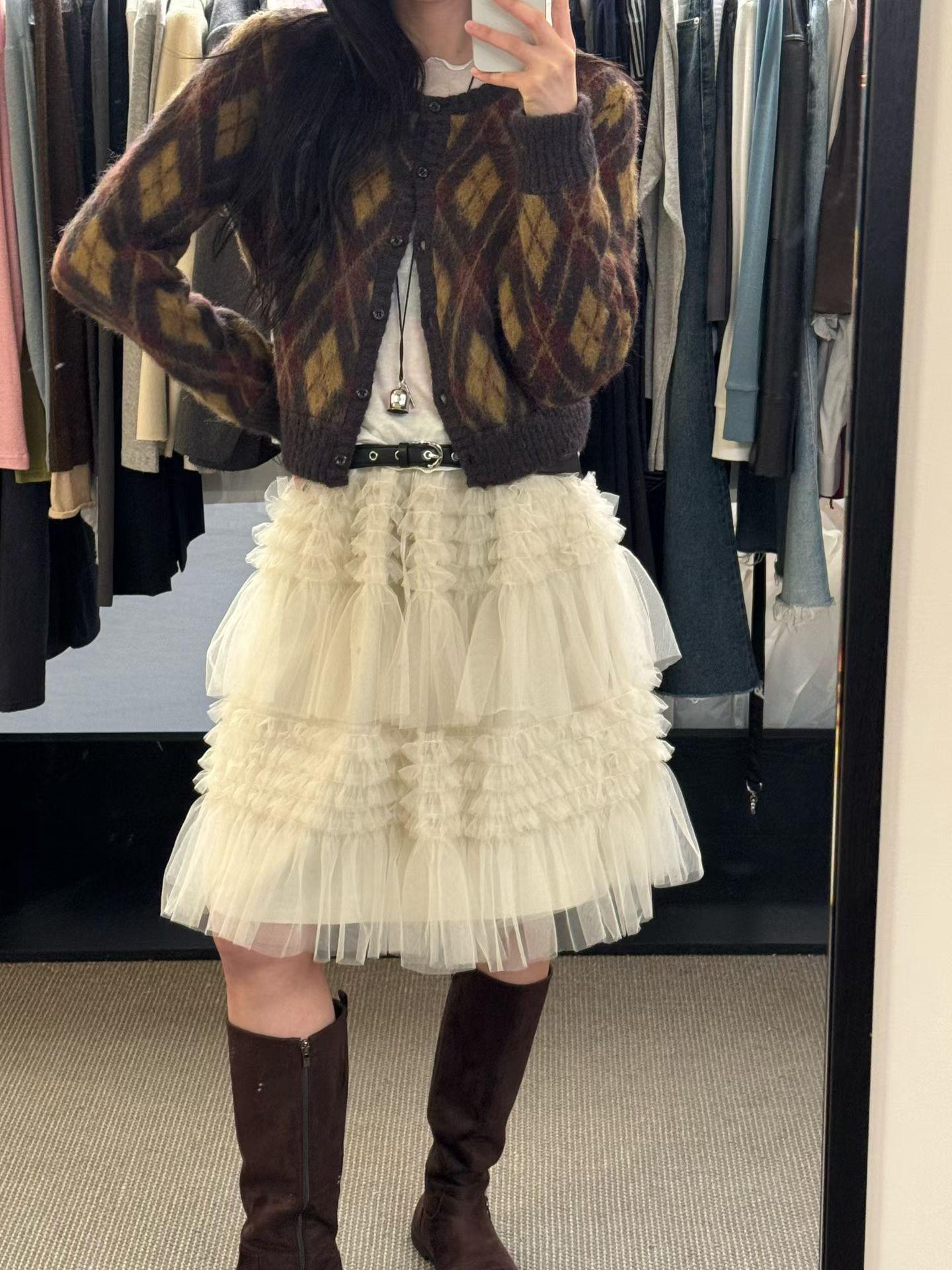 

2025 Autumn/Winter Korean Layered Gauze Half Cake Skirt in Solid Colors One Size абрикосовый