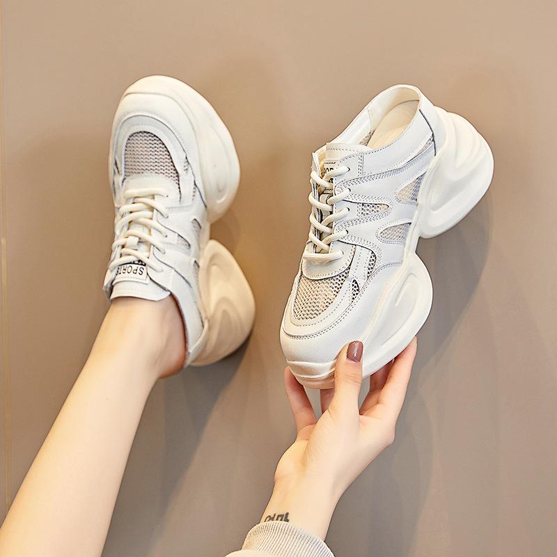 Leather thick-soled bag head slippers women's spring and summer new height increase 8CM comfortable versatile breathable sandals lace-up single shoe