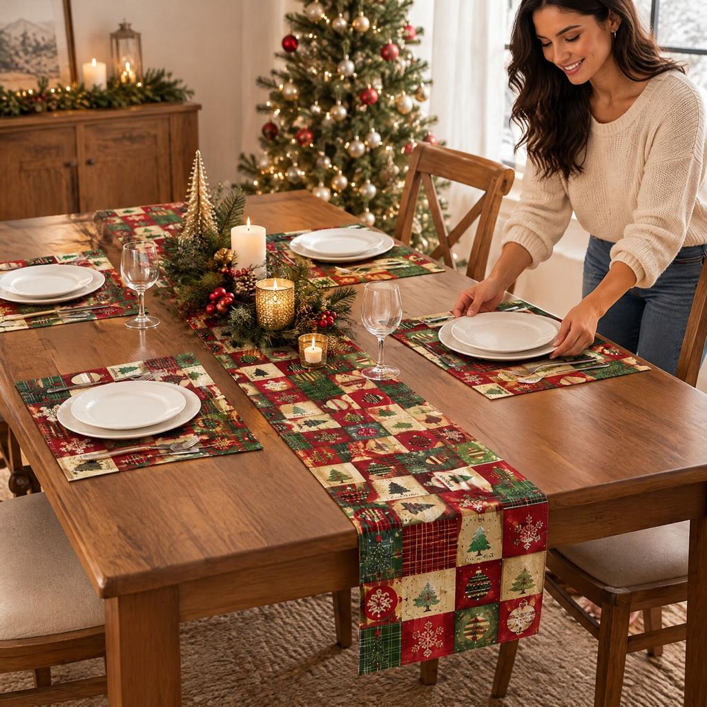 5 Pack Christmas Table Runners, Plaid Christmas Tree Ball and Snowflake Pattern Table Decor for Kitchen, Dining and Coffee Table