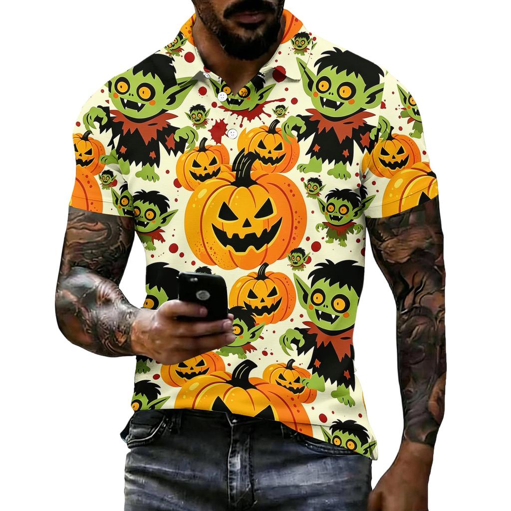 Unisex Loose Fit Casual Short Sleeve Polo Shirt with Halloween Themed Print Pullover Design for Everyday Wear