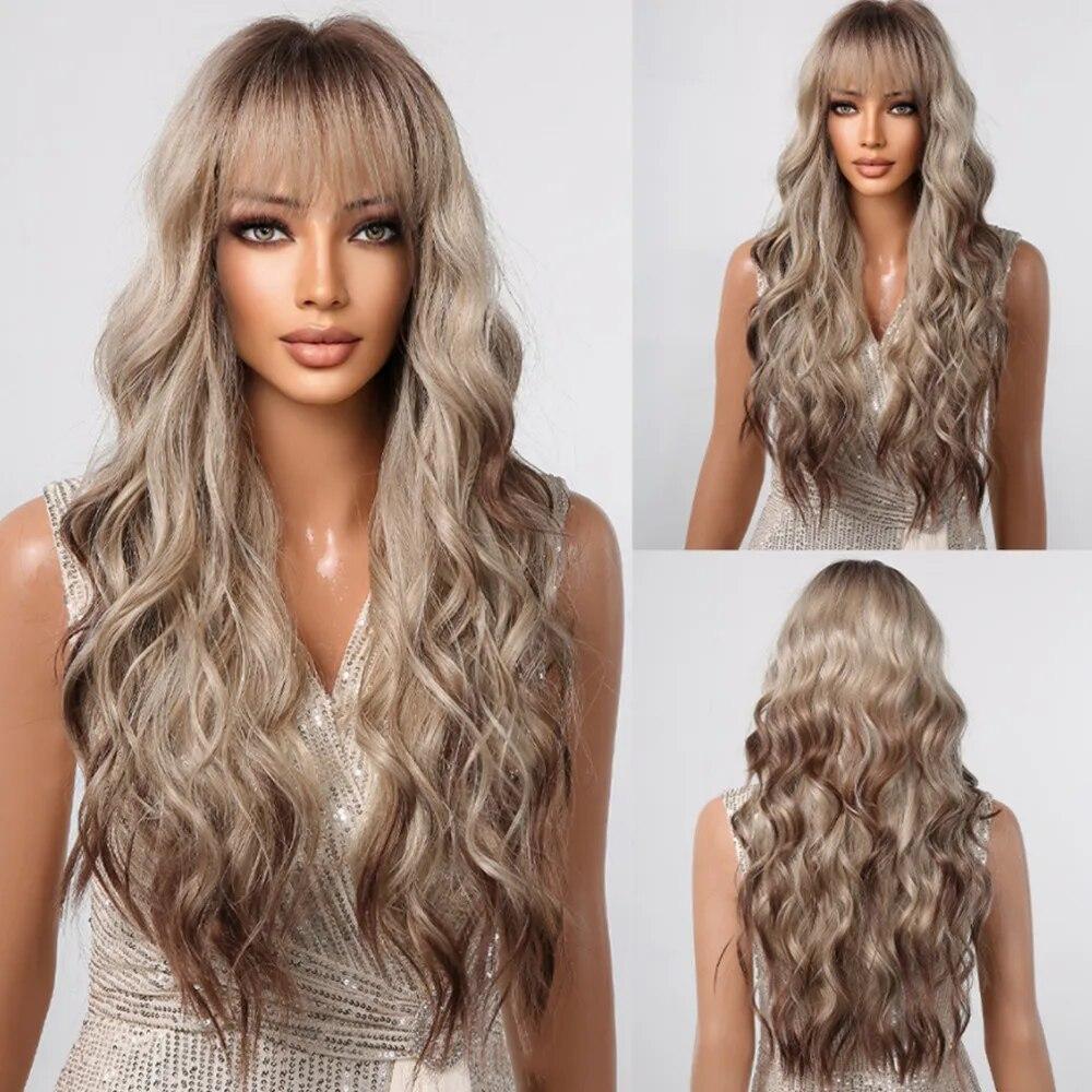 ALAN EATON Ombre Blonde Curly Wigs with Bangs Long Wave Synthetic Full Wig Cute Party Cosplay Wig High Temperature Fake Hair