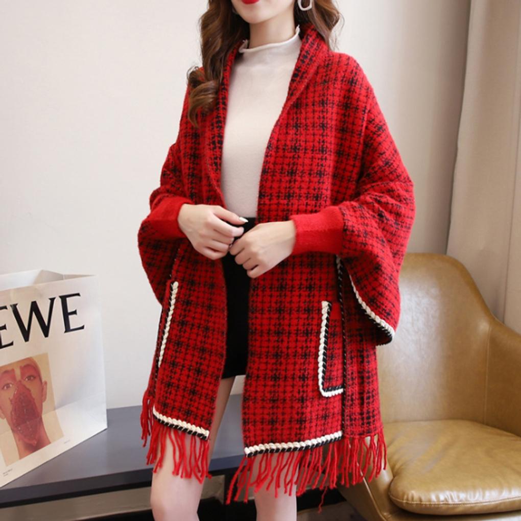 Cashmere Women's Tweed Pocket Cardigan Cloak Shawl Cape