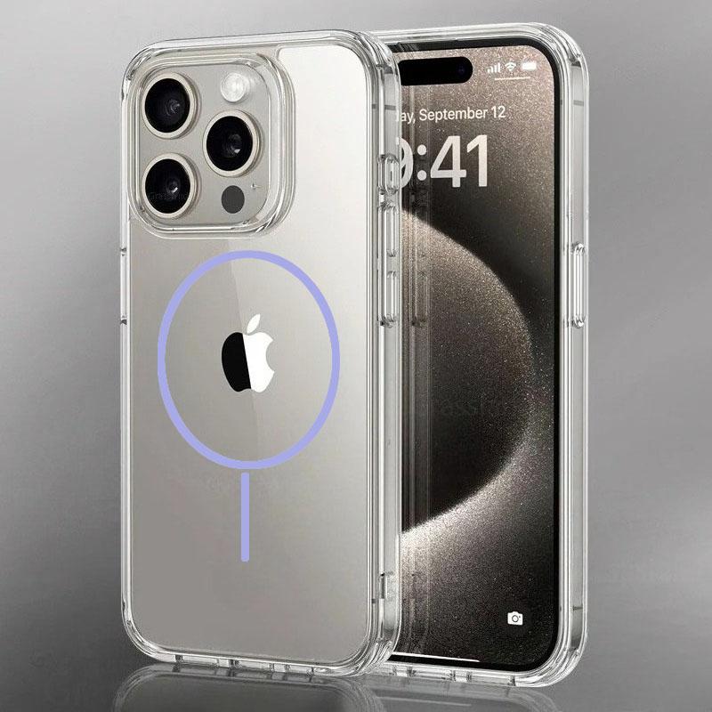 Luxury Fine For Magsafe Magnetic Wireless Charge Case for iPhone 16 15 14 Pro Max 13 12 Mini 11 16e Plus Transparent Back Cover
