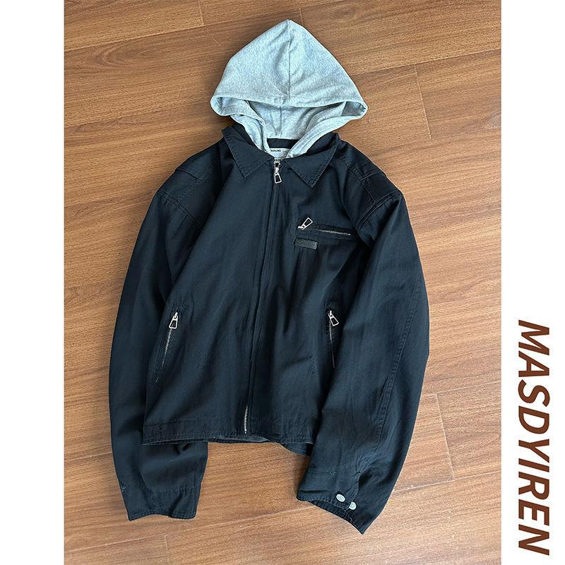

Spring and autumn American retro fake two-piece design sense hooded jacket men s and women s tooling casual versatile couple jacket tide M
