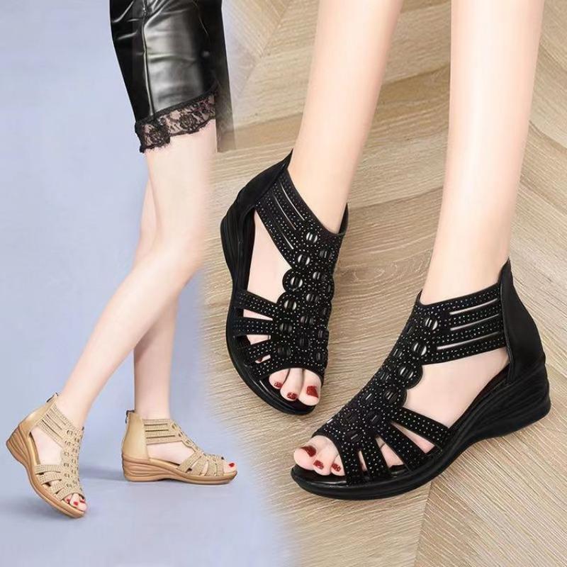 New Style of Wedge Heel Shoes for Moms Water Diamond Fish Mouth Mid-heel Women's Soft-soled Cool Boots