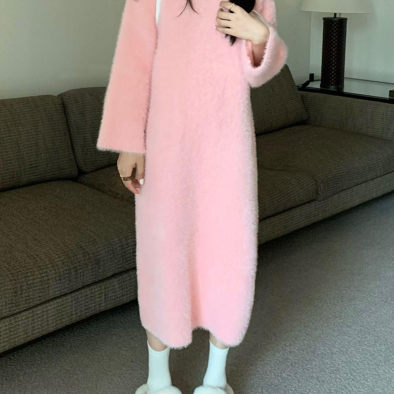 

Пуловер, женский свитер на осень и зиму 2022, однотонный однотонный повседневный женский пуловер с v-образным вырезом и длинным рукавом, свободный свитер One Size розовый