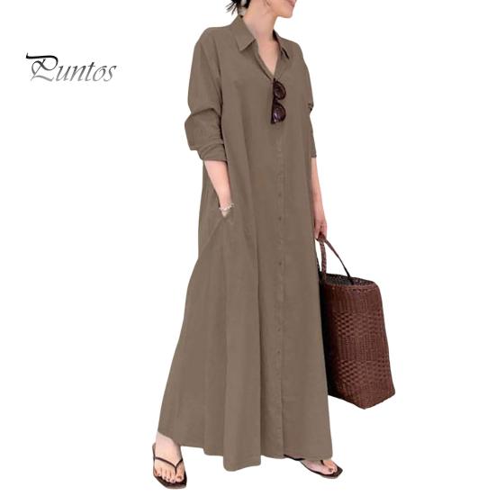 

Женское весеннее платье с отложным воротником, свободное однобортное однобортное платье с длинными рукавами и карманами на пуговицах, тип рубашки до щиколотки, осеннее повседневное платье макси M кофейный