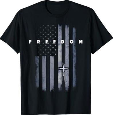 Grunge American Flag and Cross Faith Family Freedom T-Shirt