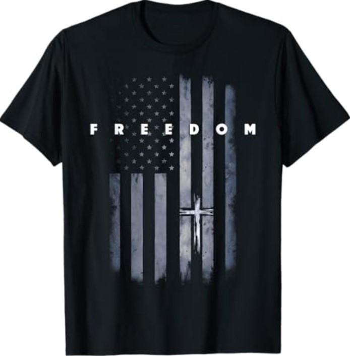 Grunge American Flag and Cross Faith Family Freedom T-Shirt S