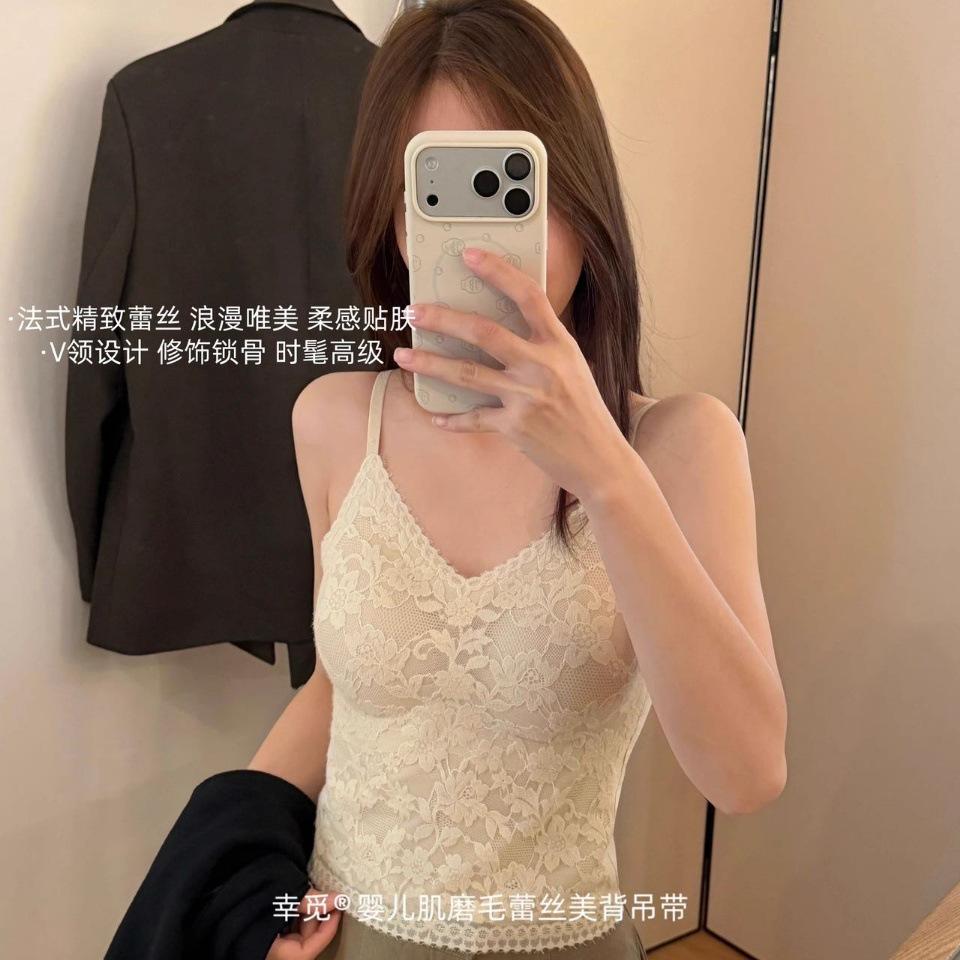 #Early autumn new pure lace V-neck thermal vest slim and thin women's one-piece with chest pad