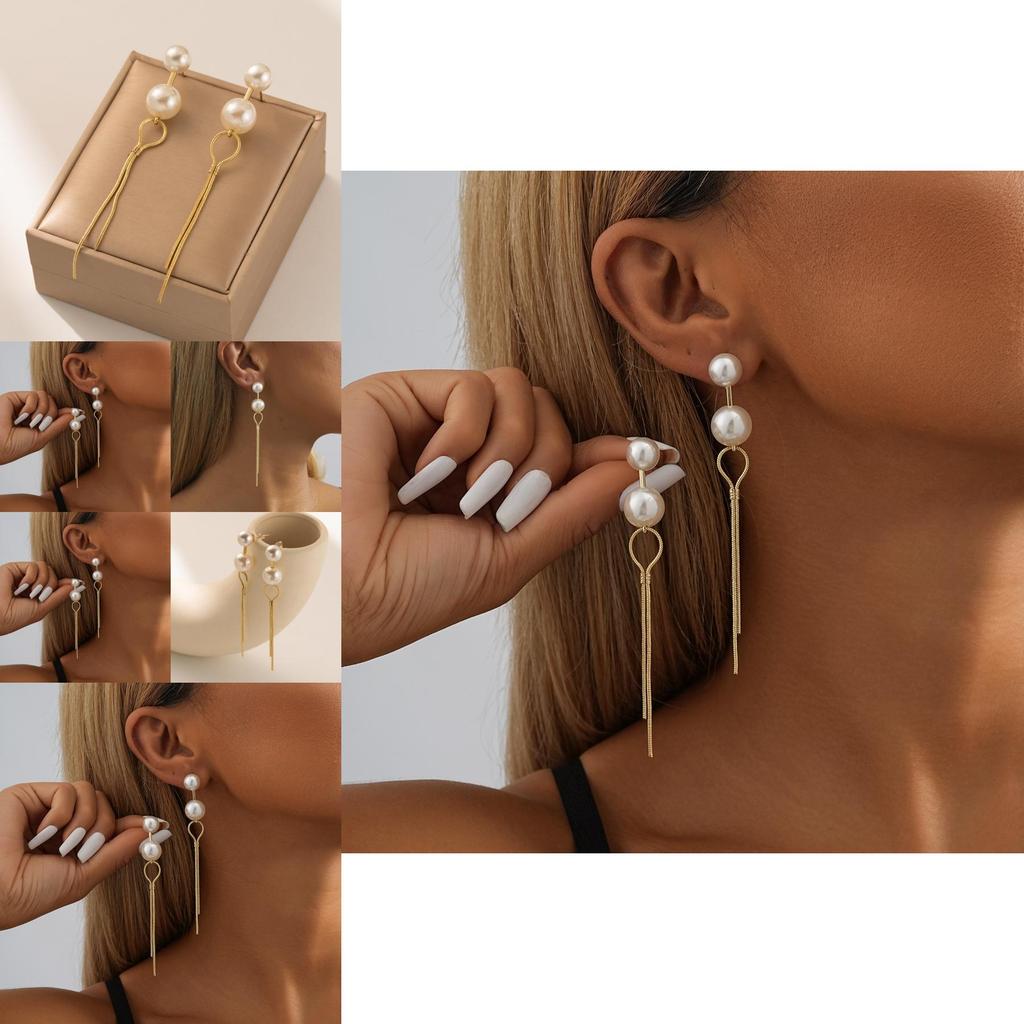 Stylish Long Faux Pearl Earrings For Women Trendy Geometric Chain Dangles