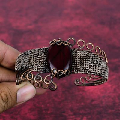 Roter Feuer Labradorit Armreif Kupferdraht Gewickelter Schmuck Verstellbares Manschettenarmband