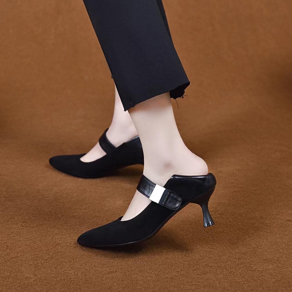 Pointed High Heels Women's 2025 Spring New European and American Style Simple Temperament Small Single Shoes One-word Buckle Shallow Mouth Fashion Sho