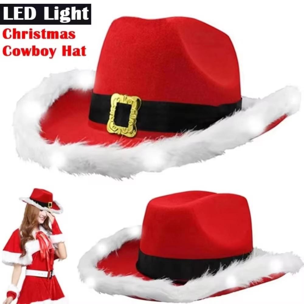 Fashion Santa Claus Party Christmas Luminous Cowboy Hat Western Red Felt Hats Wide Brim Cowgirl Hat Jazz Hat for Women Men