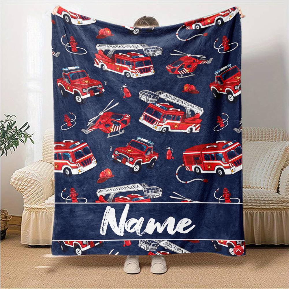 Custom Name fire truck Theme Printed Blanket - Perfect for Couch, Bed, Travel & Outdoor Use | Machine Washable, Cozy & Durable.