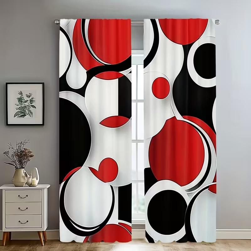 2 Pcs Black And Red Circles Print Curtains,Suitable For Bedroom,Living Room Kitchen Decoration,Home Decoration,Window Decoration