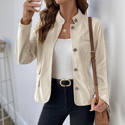 Autumn Winter Stand Collar Casual Fashion Corduroy Jacket Women Solid Color Buttons Coat Outwear Top