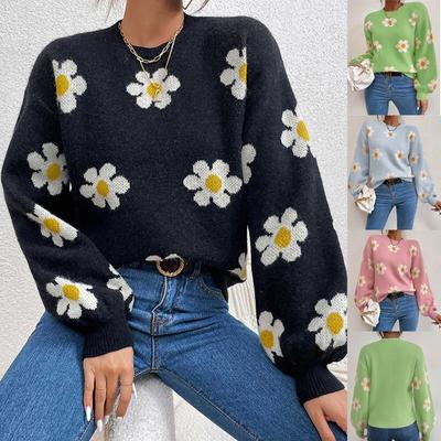 Autumn Winter Round Neck Knitted Pullover Sweater Women Fashion Sweet Long Sleeve Loose Sweaters Female Chrysanthemum Print Warm Knitwear Tops 24638