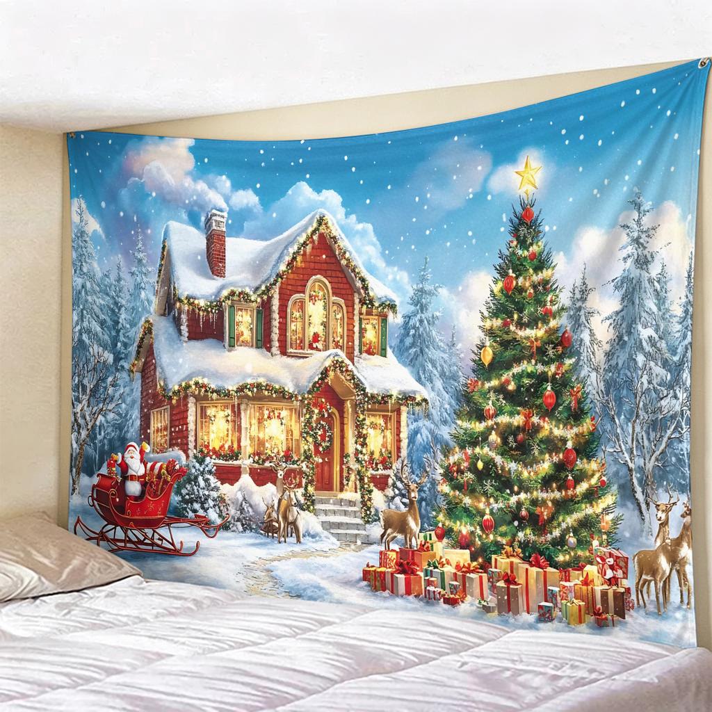 Christmas Tapestry Winter Snow Scene Wall Hanging, Holiday Decor for Bedroom Living Room, Cozy Festive Backdrop for Xmas