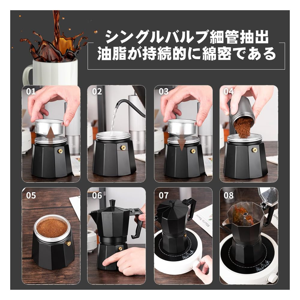 Black Moka Pot Aluminum Espresso Maker with Fireplace, Outdoor Coffee, 3-Cup 150ml Capacity