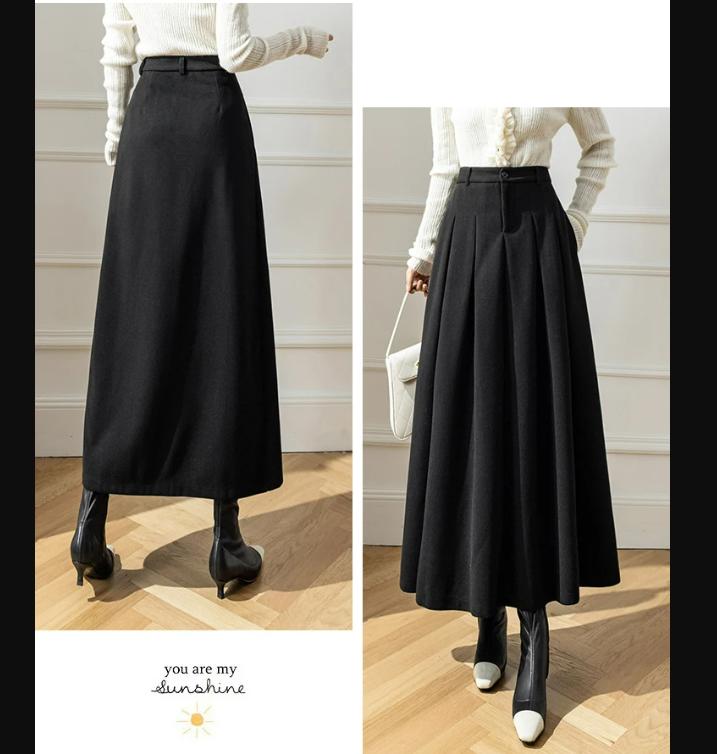 Elegant Women Faux Woolen Skirts For Office Ladies Pockets Casual Loose A-Line High Waist Midi Skirt Autumn Winter