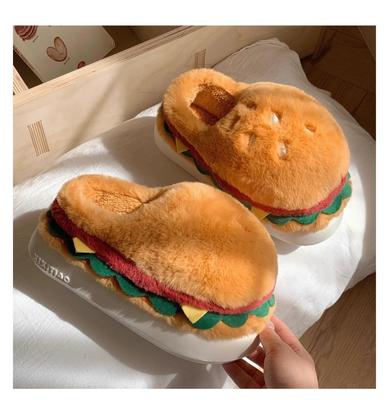 Fuzzy Hamburger Shoes Men 2024 Creative Indoor Slippers Winter Man Half Shoes Mens Slippers Unisex Home Thick Warm Plush Shoes