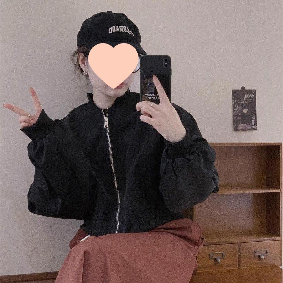 Schwarze Koreanischer Stil Petite Stehkragen Baseballjacke - Herbst/Winter Lässig Vielseitig Mode