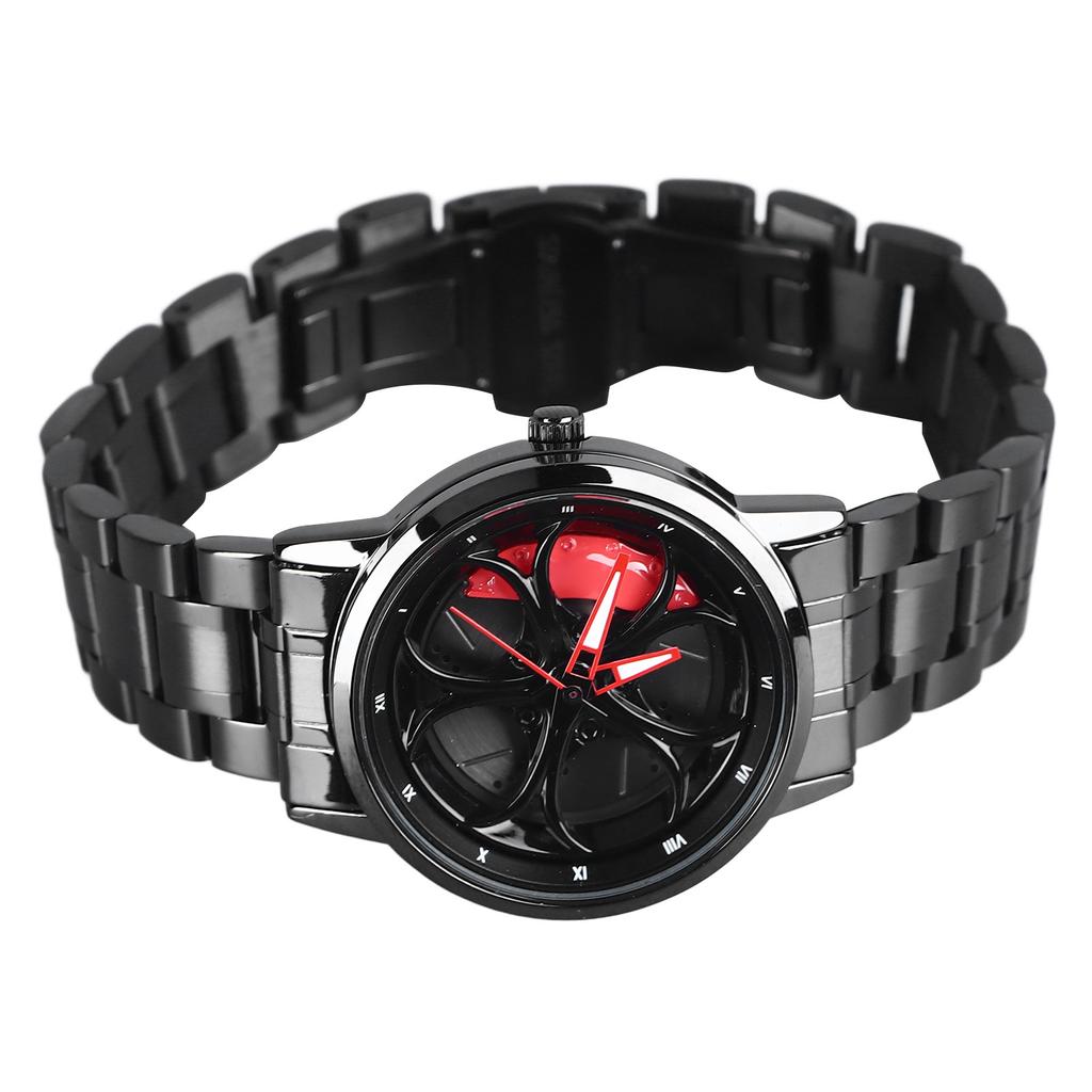 Ceas de mână cu roată de mașină cu mecanism japonez cu cuarț, brățară rotativă din oțel inoxidabil, ceas cu jantă de mașină rotativ inspirat de mașini de curse