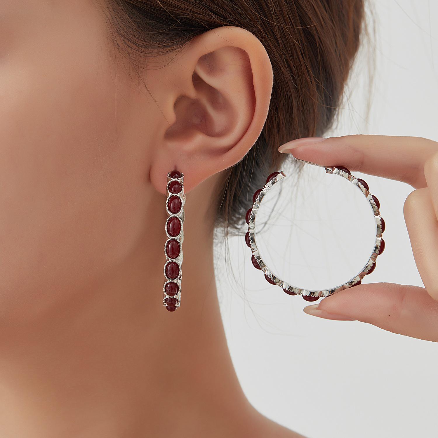 European American Bohemian Multicolor Glass Inlaid Hoop Earrings with Miao Silver Ethnic Retro Design.