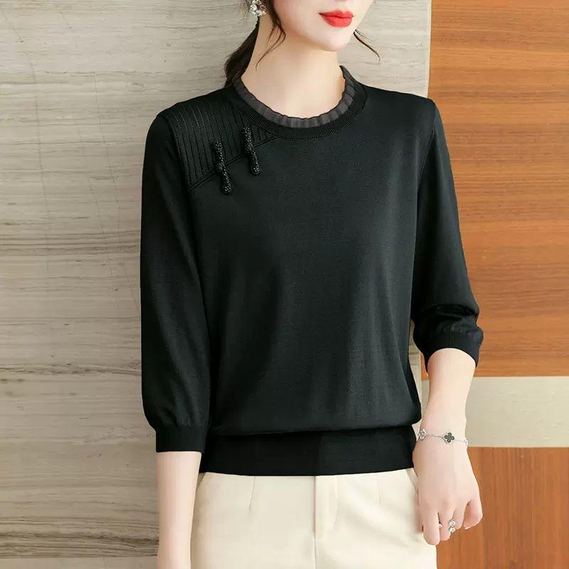 Seven Inch Ice Silk Knitted Shirt with Middle Sleeve Spring and Summer Thin Loose Mom Chinese Style Buckle Lace Top