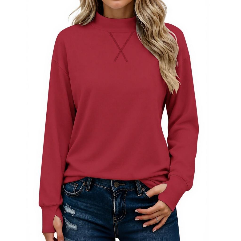 Women's Casual Mock Neck Long Sleeve Top with Thumb Holes