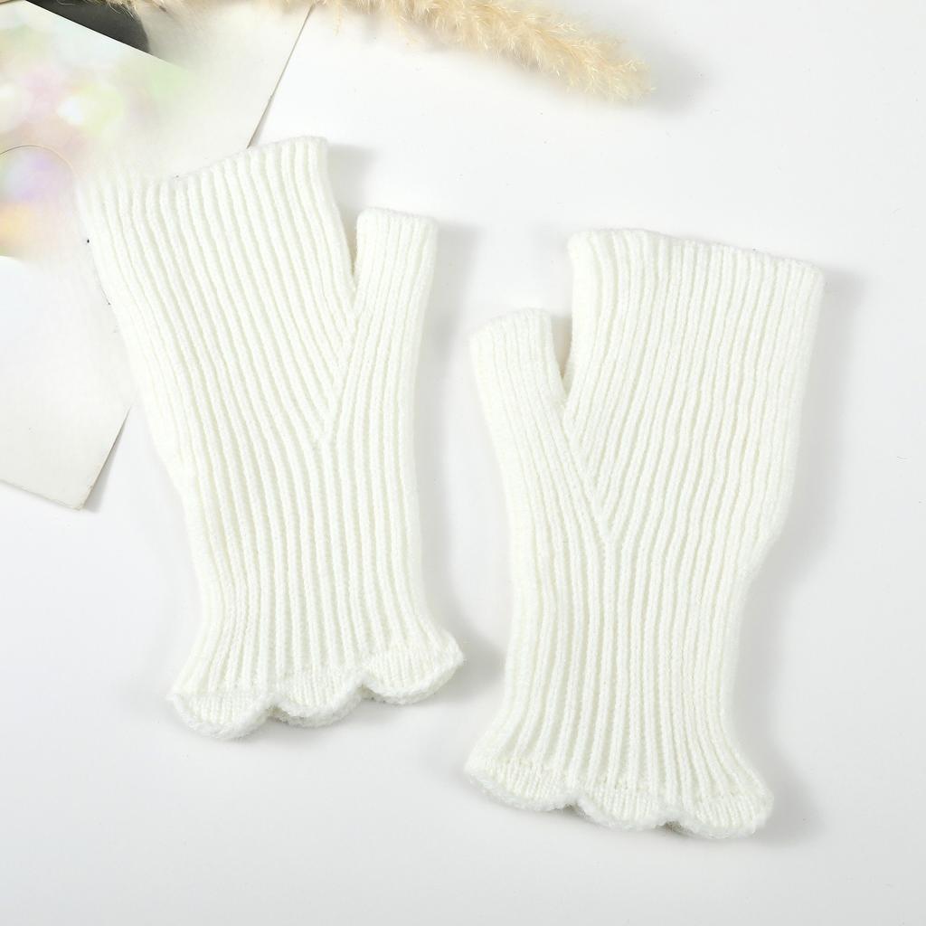 Short Knitted Gloves with Black Fungus Edges Half Length Fingerless Sleeves for Female Students To Keep Warm While Writing In Autumn and Winter