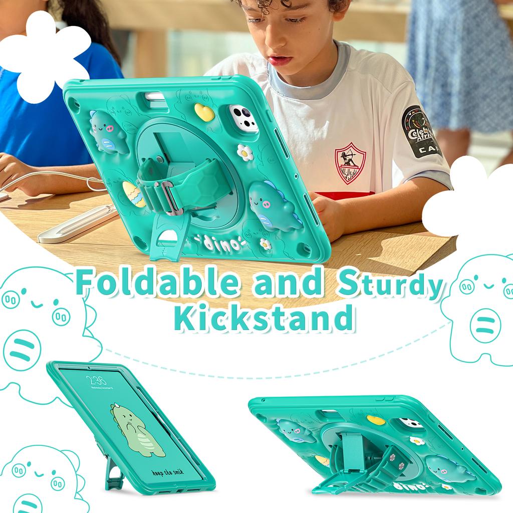 For iPad Pro 11 (2024) Case with Shoulder Strap Cartoon Dinosaur Kickstand PC+Silicone+TPU Cover