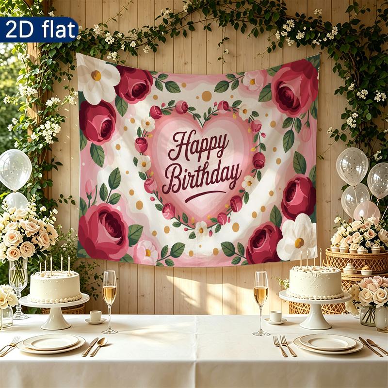 Birthday Party Roses Floral Gifts Banner, Pink Polyester Backdrop for Wall Hanging Decor