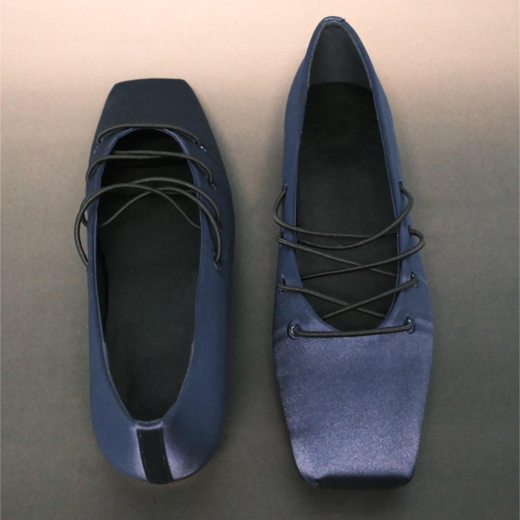 Korean new version of blue satin leather square head retro niche light mouth single shoes Mary Jane ballet flats women