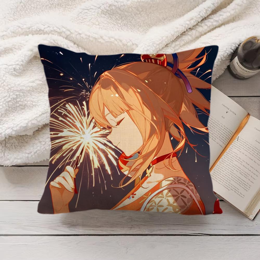 Yoimiya Genshin Impact Cute Cushion Cover Silky Short Plush Invisible Zipper Dustproof Sofa Pillow Case For Home Decor