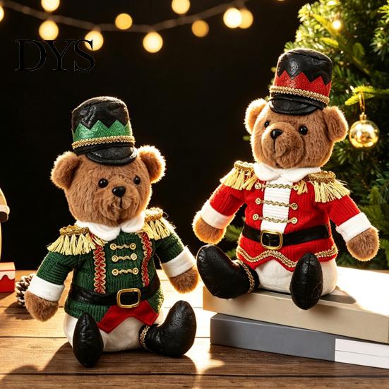 Winter Holiday Fireplace Decoration Christmas Soldier Bear Nutcracker Plush Figurine, Red Green Uniform Sitting Decor Doll for Home, Soft Stuffed