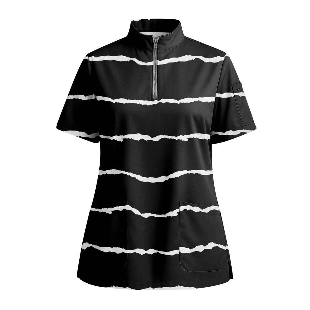 Women's Short Sleeved Printed V-neck Buttonable Side Slit Top T-shirt