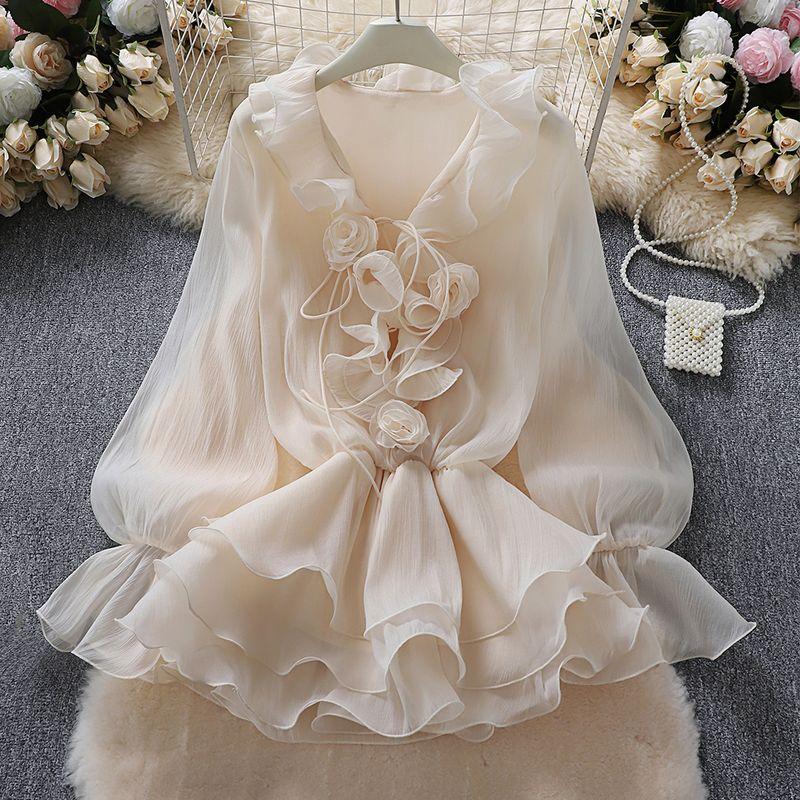 

Korean Style Sweet and Spicy Style V Neck Three-Dimensional Flower Chiffon Dress Women s Summer Chic Ruffled Tied Cinched Short Dress Apricot color One size