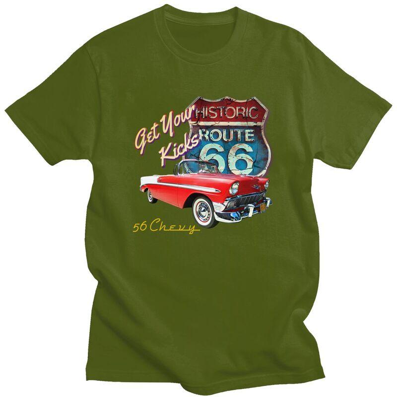 Custom Classic Car Route 66 T Shirt for Men 100 Cotton Tshirt Casual Tees Short Sleeve Tshirts Loose Fit Clothing Gift