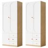 2-Door Wardrobe with Drawers, Bedroom Cabinet, Children's Room Furniture, with Clothes Rail, Colorful Ceramic Handles, White, Lacquer Finish, Set of 2
