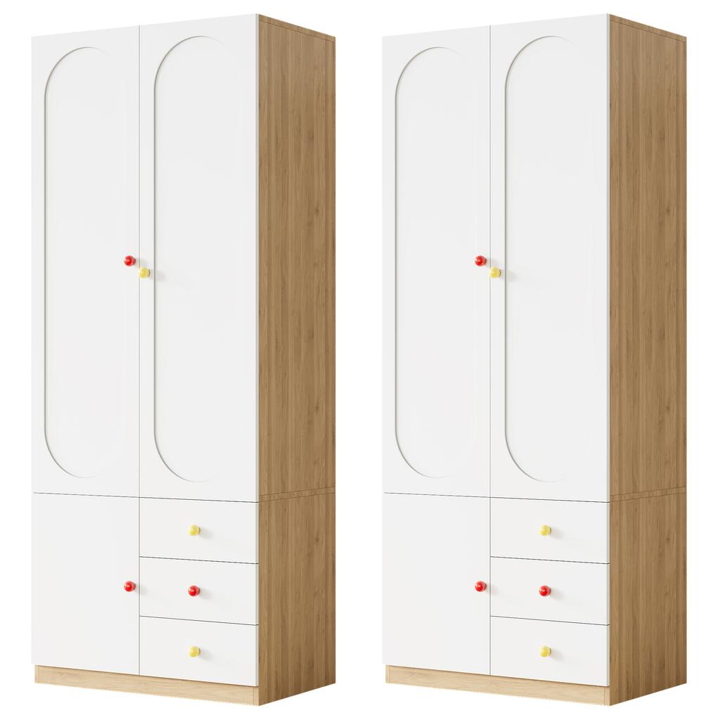 2-Door Wardrobe with Drawers, Bedroom Cabinet, Children's Room Furniture, with Clothes Rail, Colorful Ceramic Handles, White, Lacquer Finish, Set of 2