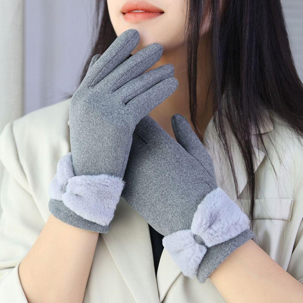 Keep Warm Winter Velvet Gloves Solid Color  Gloves Simple Bowknot Mittens  Riding