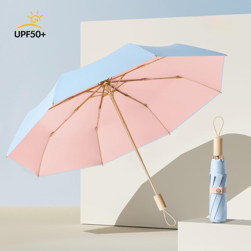 Cheap Gold Frame Custom Logo Umbrellas Small UV Wooden Handle Umbrella Sun Rain Three Fold Manual Umbrella for Girls